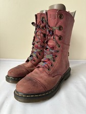 Dr Martens Red Bergundy Aimile Tartan Lined And Lace Combat Fold Over Boots Sz 6
