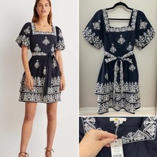 Boden Square Neck Black & White Embroidered Puff Sleeve Rara Dress 10