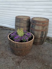 LARGE WIDE 50CM TALL OAK HALF BARREL WITH DRAINAGE HOLES - FLOWER GARDEN PLANTER