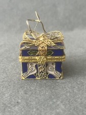 Vintage Christmas Enamel Hinged Trinket Box Blue Bow Holiday Gift Decor