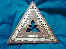 Unusual Antique Triangular Cribbage Board Inlaid Brass Feet Finials & Brass Pegs