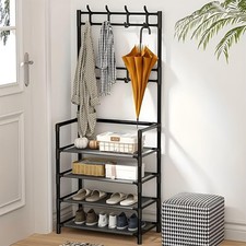 New Coat and Hat Stand 8 Hooks Metal Shoe Rack 4 Tiers Shelf Hanger Black UK 🎊