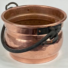 VINTAGE FRENCH RUSTIC HEAVY HAMMERED COPPER PLANTER POT WITH IRON HANDLE