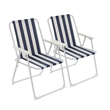 2x Folding Metal Beach Chairs Folding Beach Camping Garden 78.5cm Blue Stripe