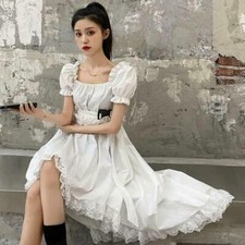 Gothic Lolita Puff Sleeve Midi Lace Black/ White Lady Ruffle Asymmetric Dress