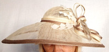 Classic Millinery Wedding Occasion Wide Brim Hat Cream & Coffee Straw Feathers