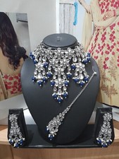 womans Gift Indian Asian Silver Blue Choker Necklace Tikka Earrings Jewellery