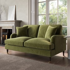 Green Velvet Sofa 2 Seater with Ruched Saddle Arms Wooden Gold Legs Traditional