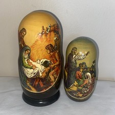VTG Russian Wood Religious Nesting Dolls Set Of (2) Jesus Christ Nativity~SIGNED