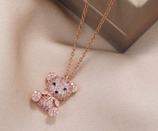 R6 - Rhinestone Studded Teddy Bear Pendant Rose Gold Tone Necklace - Gift