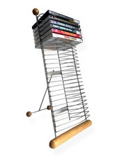 Modern Chrome & Wood DVD / Game Storage Tower Rack | Holds 25 Discs Media Shelf