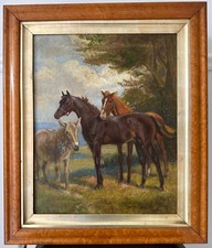 Antique Early 20th Century Horse Mare & Foal & Donkey Oil On Canvas Painting