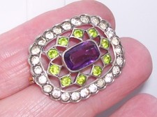 Fine Antique Suffragette Amethyst Peridot Diamond Paste Silver Pin Brooch