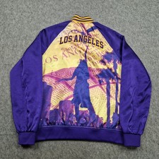 Los Angeles Lakers Adidas Jacket Mens Medium Purple Yellow Bomber Satin NBA