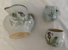 Three pieces Buchan Scotland Stoneware Thistle, large & small jug, small pot. 
