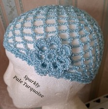 LIGHT TURQUOISE LUREX SPARKLY CROCHET SKULL CAP HAT Fancy Dress Party 70s ABBA