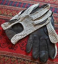 Vintage black leather & cream string crochet driving gloves, s.M, hook & loop.