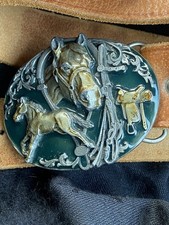 SISKIYOU Rodeo Horse Foal Pewter Buckle & Tan leather Long Tooled belt exc cond