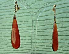 Gold & Amber Earrings 9ct Yellow LONG  Drop Dangly  Vintage c1960s Screw Backs