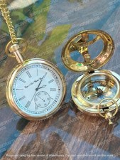 Antique Maritime Brass Elgin Pocket Watch with Push Button Sundial Compass Gift