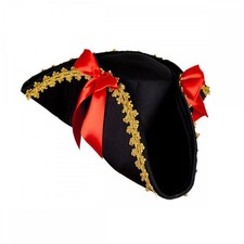 Adult Ladies Black Tricorn Pirate Hat with Gold Trim & Red Ribbon Fancy Dress