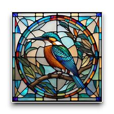 LARGE Kingfisher Bird Square Stained Glass Window Vibrant Vinyl Sticker Decal