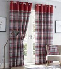 Tartan Check Lined Curtains Eyelet Ring Top Curtains 46" x 54" 137cm Red & Grey