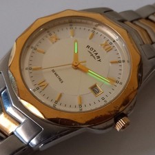 Vintage 1990s Rotary Swiss Watch Two Tone Date Screwdown Crown New Battery