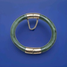 Green Jade/Jadeite Hinged Bangle Bracelet Light Gold Tone Hinge And Clasp
