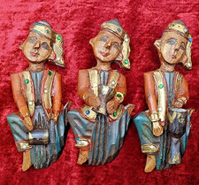 3 HAND CARVED BURMESE WOODEN MUSICIAN DOLL FIGURINE TREEN WALL HANGING. DRUMMERS