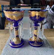 Pair of Murano Mantle Lustres Vases 37CM Cut Glass Drops (2 Missing)