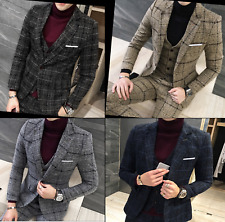 Mens Wool Blend Tweed Tartan Suit 3 Pieces Jacket Blazer Waistcoat Trousers