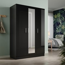 High Gloss 3 Door Triple Mirrored Black Wardrobe with Hanging Rail & Shelves