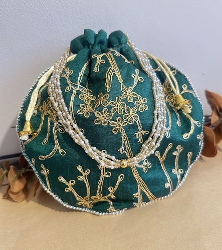 Green embroidered potli - potli, bag