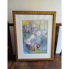 Mixed Media Watercolor Painting Embroidery Butterflies Moon Orchids Bali Art