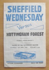 SHEFFIELD WEDNESDAY v NOTTINGHAM FOREST 1946/1947 Fair/Good Condition Programme