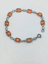 Vintage Platinum Bracelet Orange & Clear Crystals 8.5" Long   J34 P63