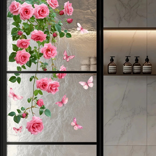 Pink rose butterfly window - butterfly,