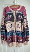 Hand Knit Pure Wool Cardigan Fair Isle Nordic Chunky Knit Longer Length Size M/L