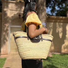 Handmade  Woven palm straw french baskets with Dark Brown leather straps