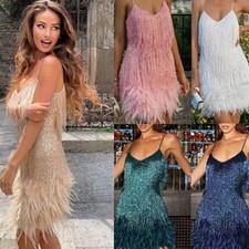 UK Women's Sequin Spaghetti Straps Fringe Tassel Feather Evening Short Dress UK