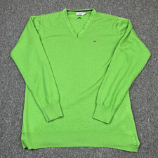J Lindeberg Jumper Mens Medium Green 100% Merino Wool V Neck Golf Logo Sweater