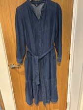 Boden Ladies Blue Denim Long Sleeve Buttoned Belted Tiered Shirt Dress UK 14 P 