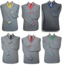 Grey WOOLLEN School Uniform 'V' Neck Jumpers - 6 Trim Colours - Neck & Cuffs.