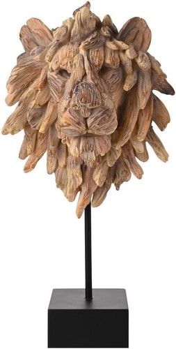 Ceramic lions head - on, wooden