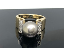 Black Pearl 9.5mm Diamond Cocktail Ring 14k Yellow Gold Estate Women's Size 4.75