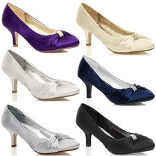 Womens Satin Bridal Wedding Shoes Ladies Low Mid Kitten Heel Stiletto PartyPumps