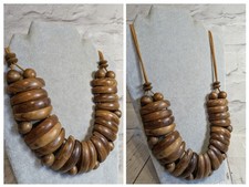 Chunky wood necklace natural statement brown cord adjustable 45-90cm long 97g