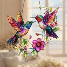 Large Hummingbird Pair Bird Suncatcher 8x8" Stained Glass Effect Hanging Window