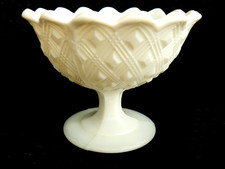 VINTAGE   MILK GLASS ( HENRY GREENER ?? )    COMPOTE DISH   ON PEDASTAL.